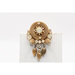 Vintage St Labre Mesh Dangle Brooch Rhinestone Gold Tone 1960s